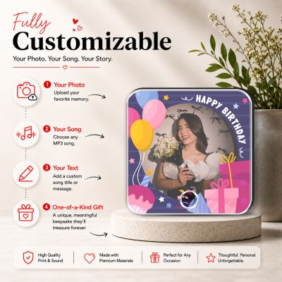 Personalized Happy Birthday Musical Fridge Photo Frame Magnet Rechargeable Wireless Music Box Birthday Gift for Girlfriend & Wife Custom with Any Song Music Playable Feature